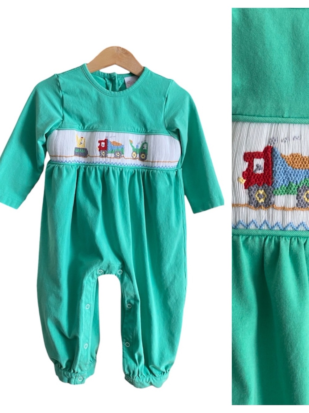 Stitchy Fish Smocked Construction Vehicles Romper Teal Blue Green 18 months